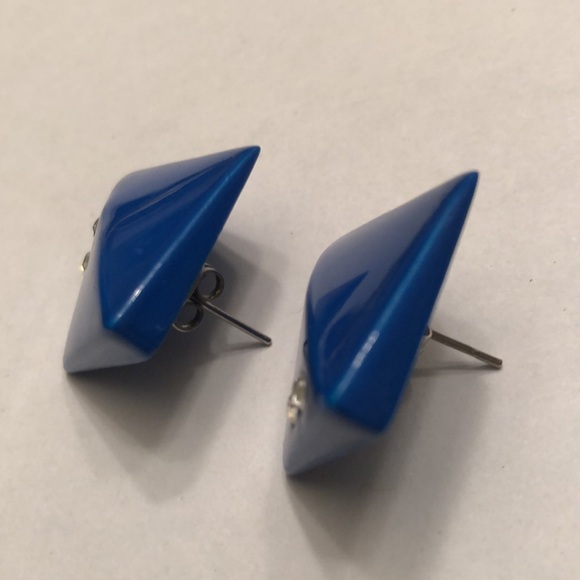 Vintage 80’s Royal Blue Earrings 7/8” Square Rhinestones Pierced Ears - #427 - Picture 6 of 8